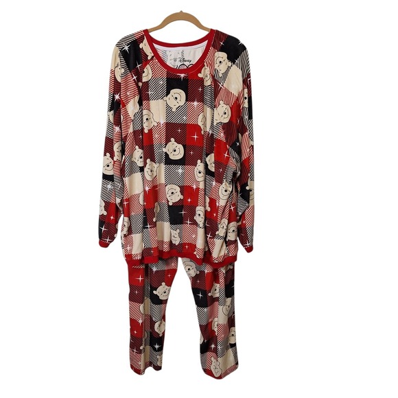 Disney 100 Womens 3X Pajama Set Winnie the Pooh Red Black Cream Check  Fleece - Picture 2 of 9